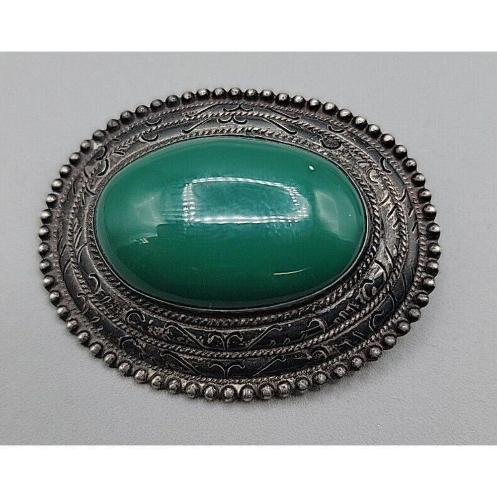 Vintage Sterling Silver JM Green Onyx Brooch 925